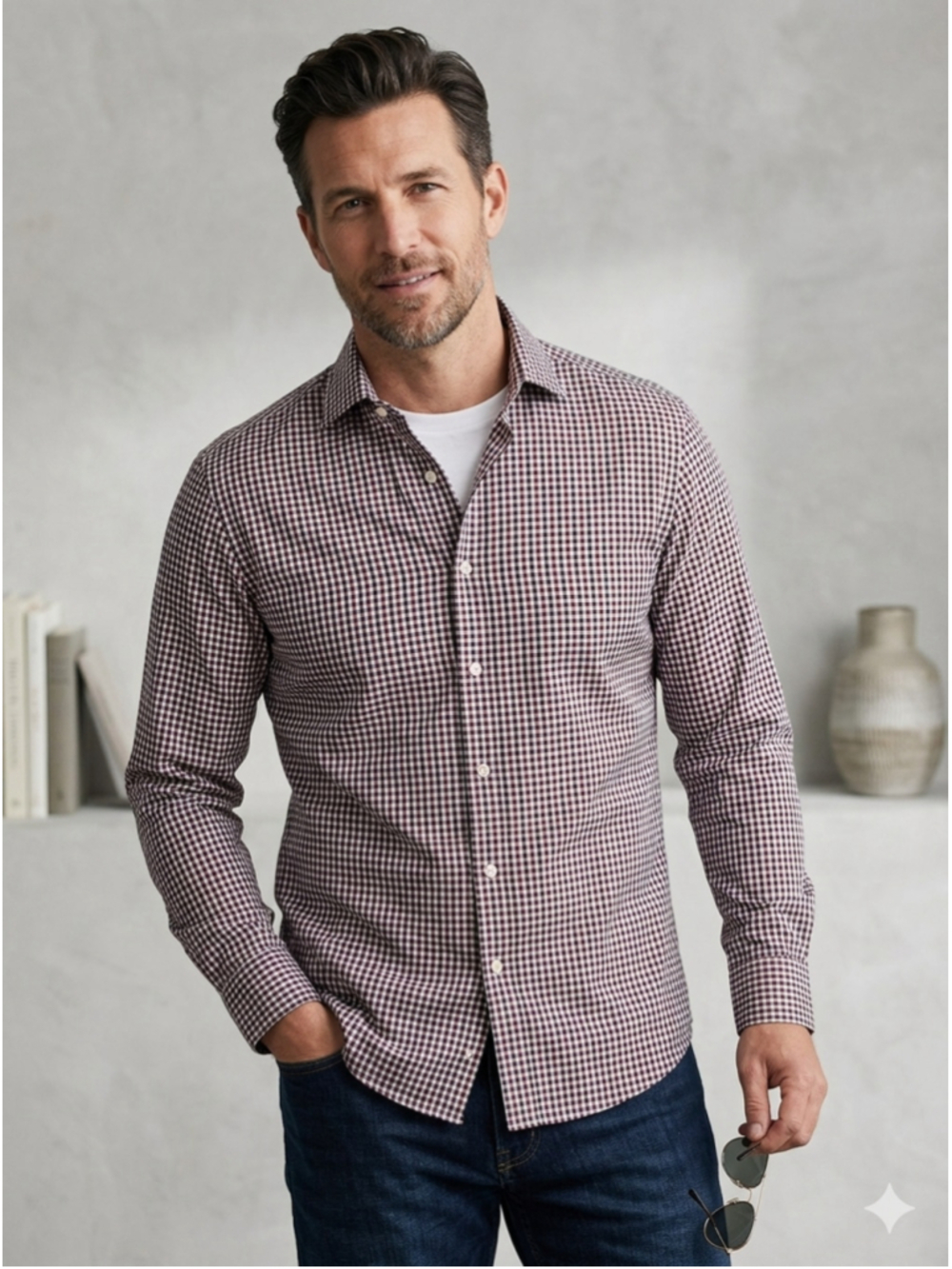 Men's Michael Kors Button Down Shirt Neck 15x 32/33 White Purple Plaid S/M 1979